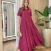 Vestido Longo Izzie sem Bojo Manga Curta Detalhes em Botões Vinho - Fernanda Ramos Store