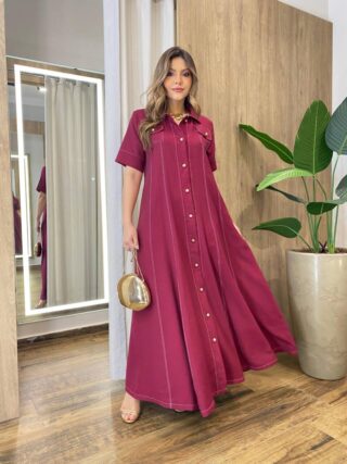Vestido Longo Izzie sem Bojo Manga Curta Detalhes em Botões Vinho - Fernanda Ramos Store