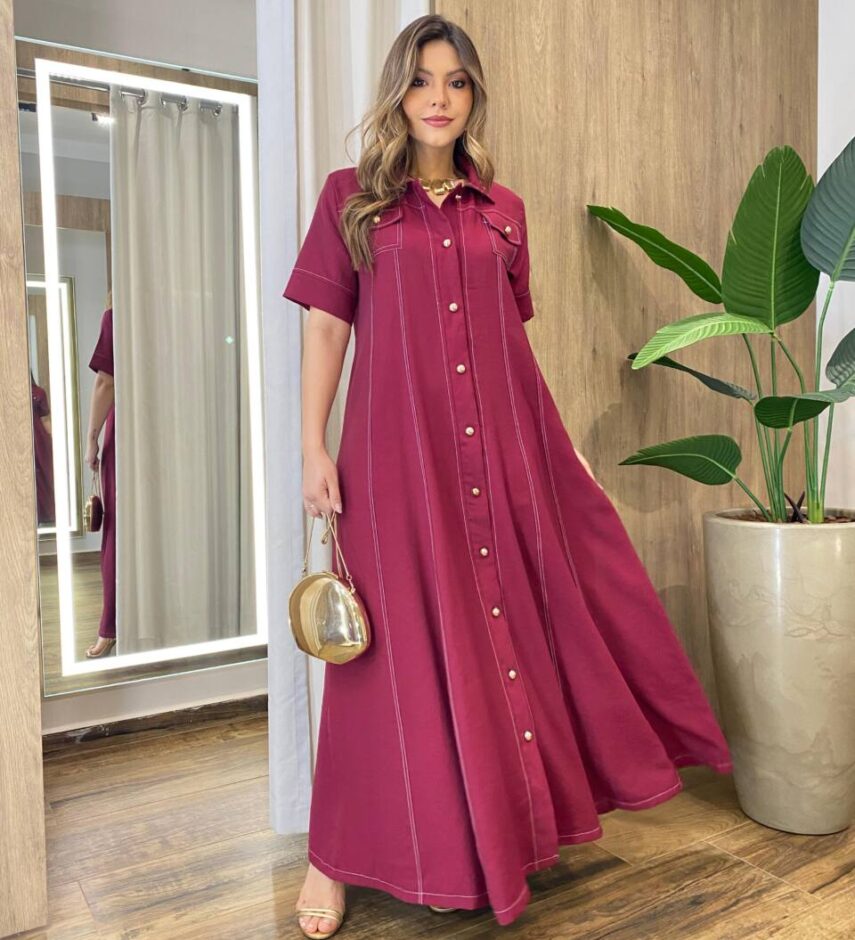 Vestido Longo Izzie sem Bojo Manga Curta Detalhes em Botões Vinho - Fernanda Ramos Store