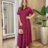 Vestido Longo Izzie sem Bojo Manga Curta Detalhes em Botões Vinho - Fernanda Ramos Store