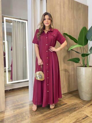 Vestido Longo Izzie sem Bojo Manga Curta Detalhes em Botões Vinho - Fernanda Ramos Store