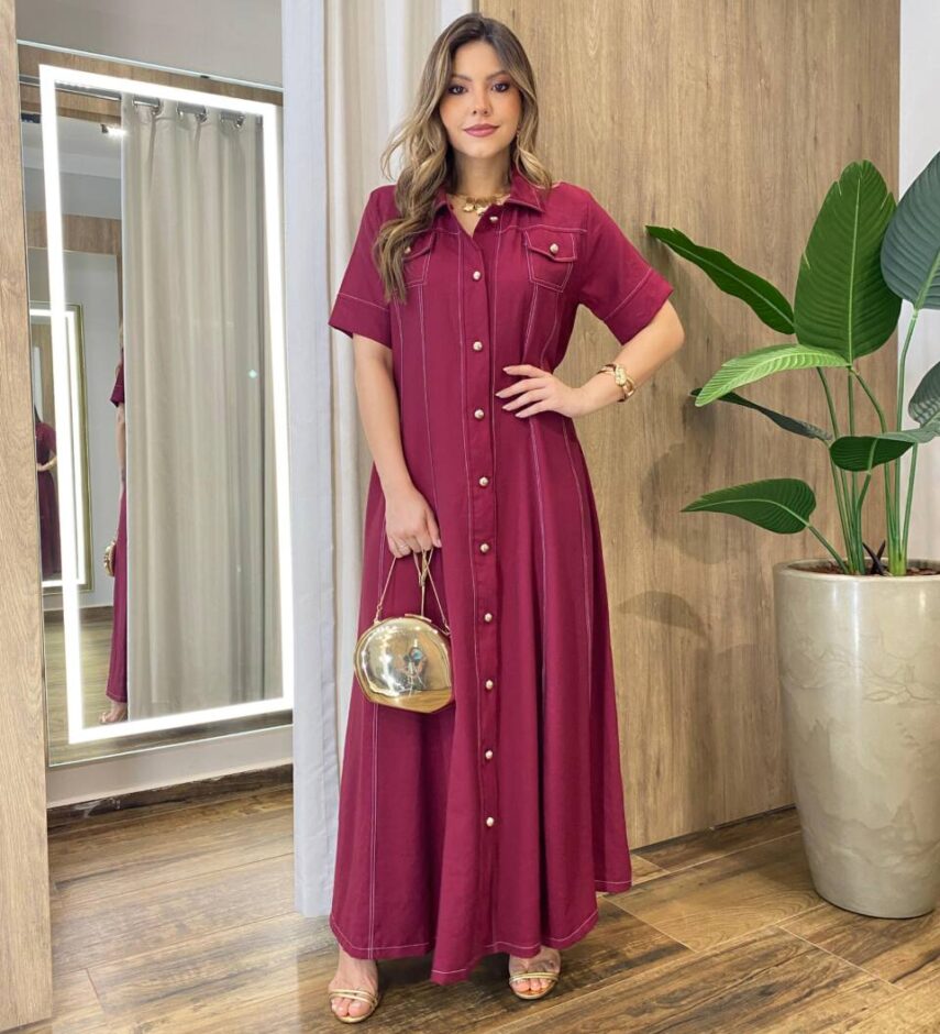 Vestido Longo Izzie sem Bojo Manga Curta Detalhes em Botões Vinho - Fernanda Ramos Store