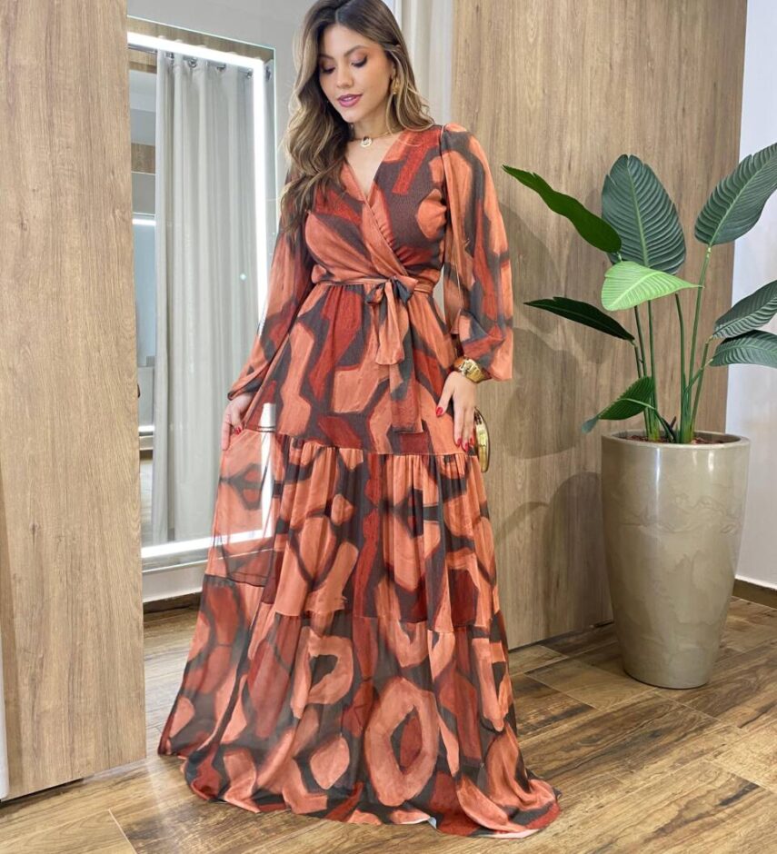 Vestido Longo Lívia sem Bojo em Tule Estampado com Amarração - Fernanda Ramos Store