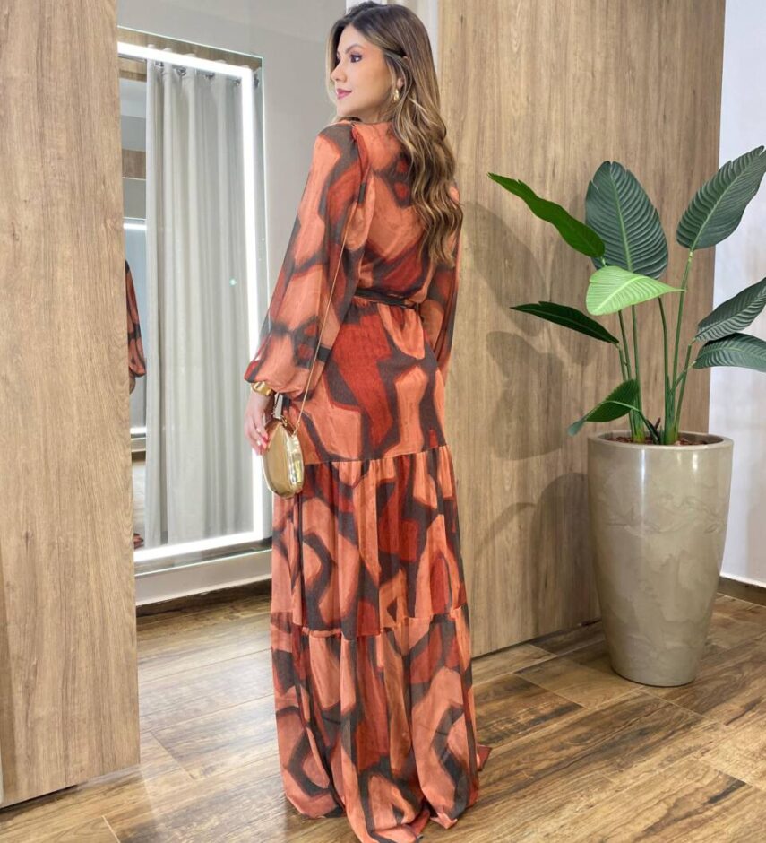 Vestido Longo Lívia sem Bojo em Tule Estampado com Amarração - Fernanda Ramos Store