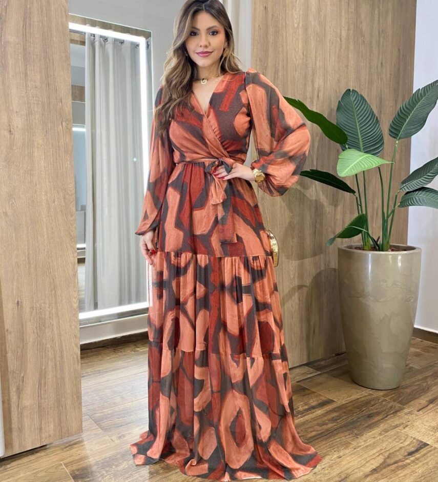 Vestido Longo Lívia sem Bojo em Tule Estampado com Amarração - Fernanda Ramos Store
