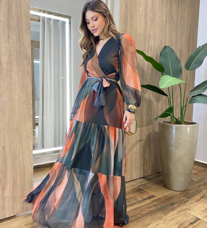 Vestido Longo Lívia sem Bojo em Tule Estampado Colorido com Amarração - Fernanda Ramos Store