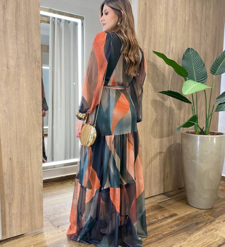 Vestido Longo Lívia sem Bojo em Tule Estampado Colorido com Amarração - Fernanda Ramos Store