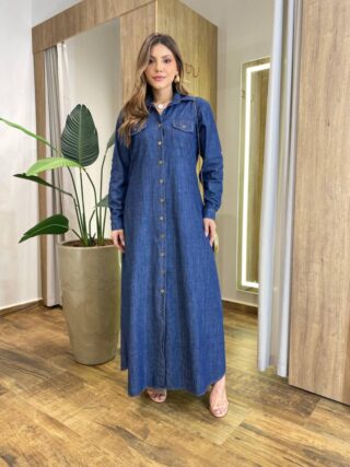 Vestido Maggie Longo sem Bojo Manga Longa com Botões Jeans - Fernanda Ramos Store