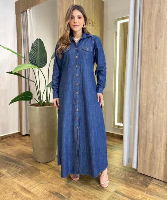 Vestido Maggie Longo sem Bojo Manga Longa com Botões Jeans - Fernanda Ramos Store