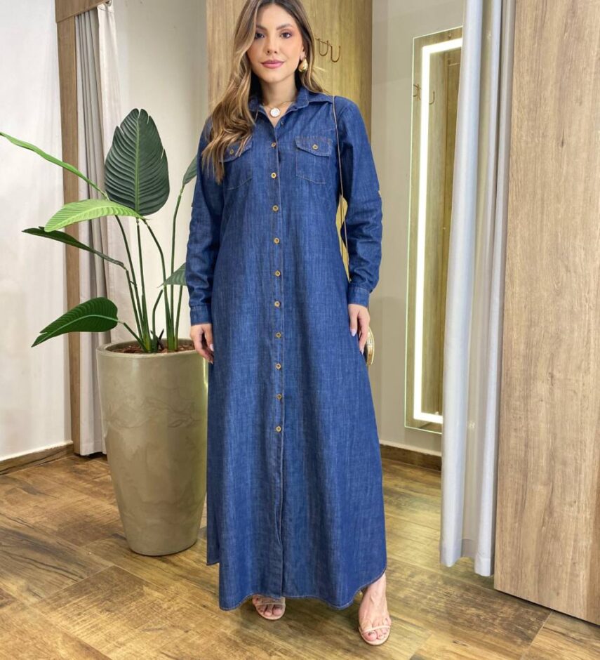 Vestido Maggie Longo sem Bojo Manga Longa com Botões Jeans - Fernanda Ramos Store
