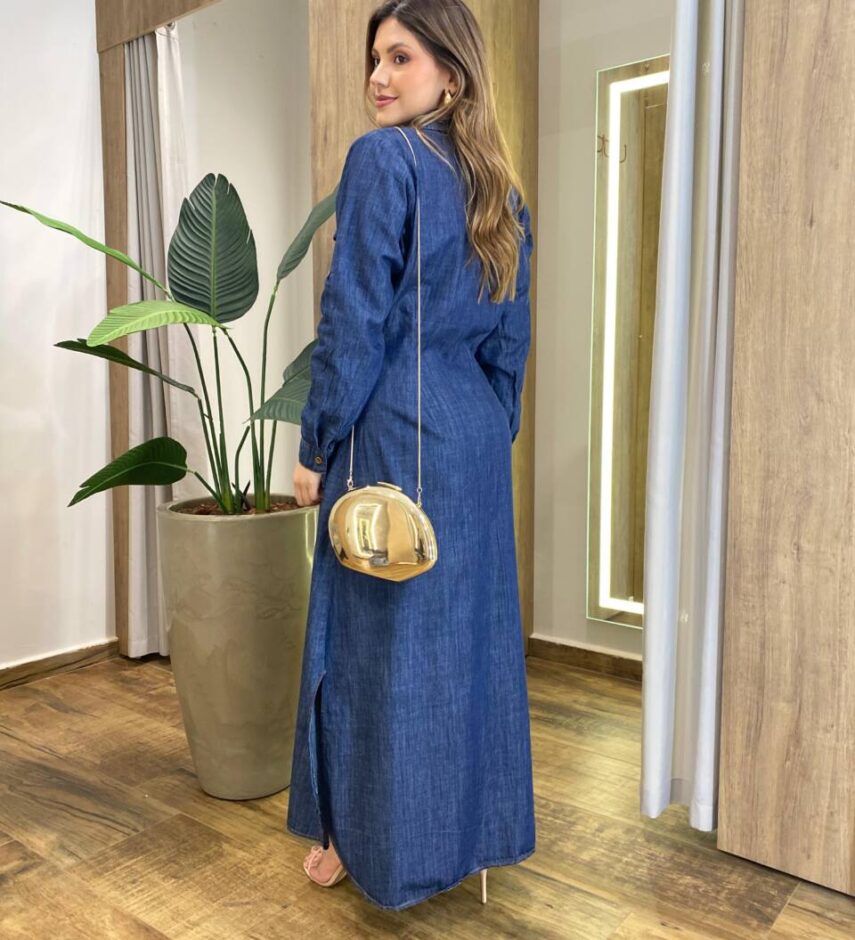 Vestido Maggie Longo sem Bojo Manga Longa com Botões Jeans - Fernanda Ramos Store