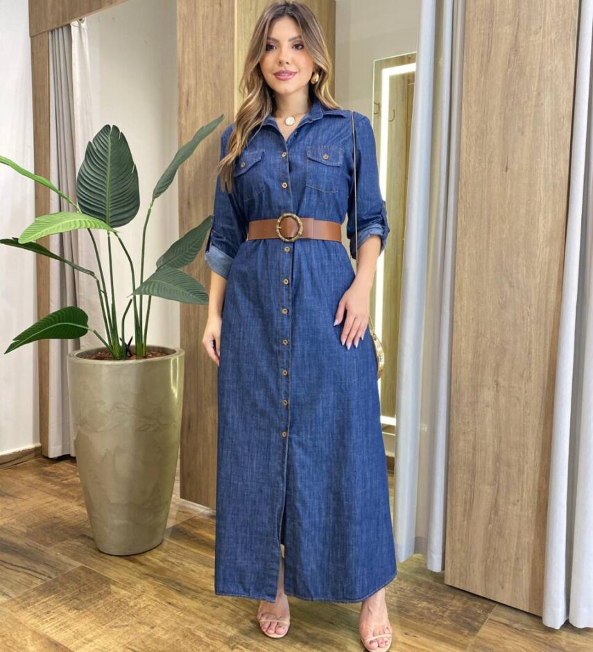 Vestido Maggie Longo sem Bojo Manga Longa com Botões Jeans - Fernanda Ramos Store