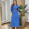 Vestido Maggie Longo sem Bojo Manga Longa com Botões Jeans Claro - Fernanda Ramos Store