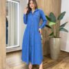 Vestido Maggie Longo sem Bojo Manga Longa com Botões Jeans Claro - Fernanda Ramos Store