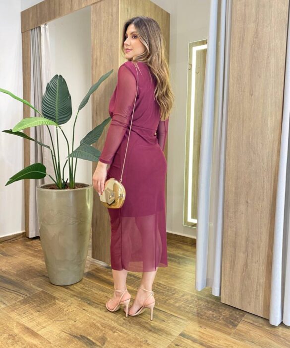 Vestido Midi Anaju Tule sem Bojo Manga Longa e Fenda Frontal Vinho - Fernanda Ramos Store