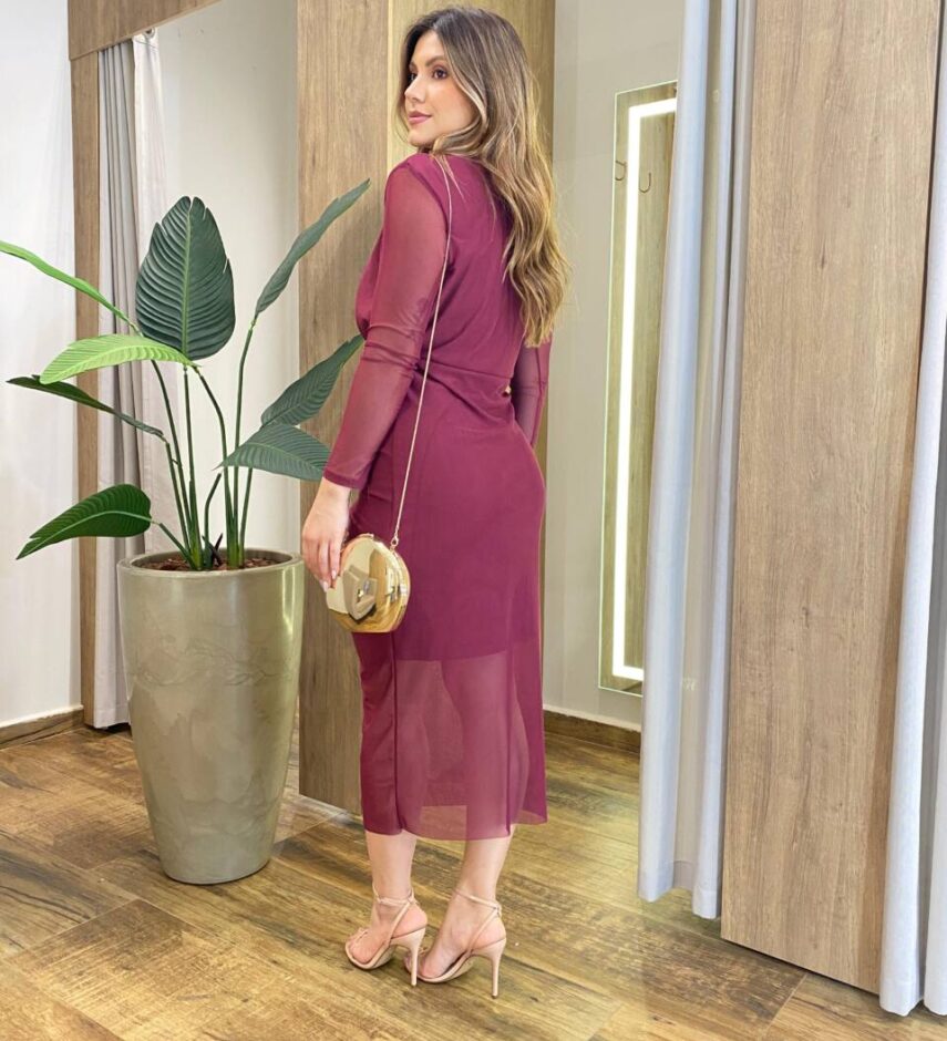 Vestido Midi Anaju Tule sem Bojo Manga Longa e Fenda Frontal Vinho - Fernanda Ramos Store