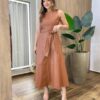 Vestido Midi Bailey sem Bojo Zíper e Amarração Couro Eco Caramelo - Fernanda Ramos Store