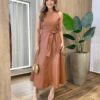 Vestido Midi Bailey sem Bojo Zíper e Amarração Couro Eco Caramelo - Fernanda Ramos Store
