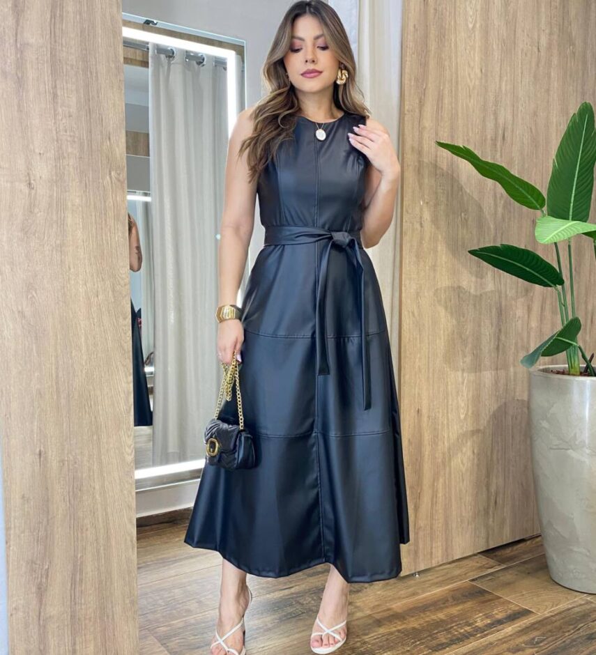 Vestido Midi Bailey sem Bojo Zíper e Amarração Couro Eco Preto - Fernanda Ramos Store