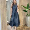 Vestido Midi Bailey sem Bojo Zíper e Amarração Couro Eco Preto - Fernanda Ramos Store