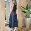 Vestido Midi Bailey sem Bojo Zíper e Amarração Couro Eco Preto - Fernanda Ramos Store
