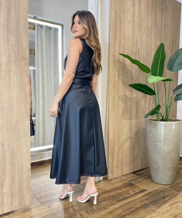 Vestido Midi Bailey sem Bojo Zíper e Amarração Couro Eco Preto - Fernanda Ramos Store