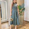 Vestido Midi Bailey sem Bojo Zíper e Amarração Couro Eco Verde - Fernanda Ramos Store