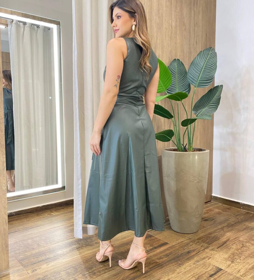 Vestido Midi Bailey sem Bojo Zíper e Amarração Couro Eco Verde - Fernanda Ramos Store
