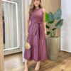 Vestido Midi Bailey sem Bojo Zíper e Amarração Couro Eco Vinho - Fernanda Ramos Store