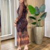 Vestido Midi Bruna de Tule sem Bojo Manga Longa Estampado Preto - Fernanda Ramos Store