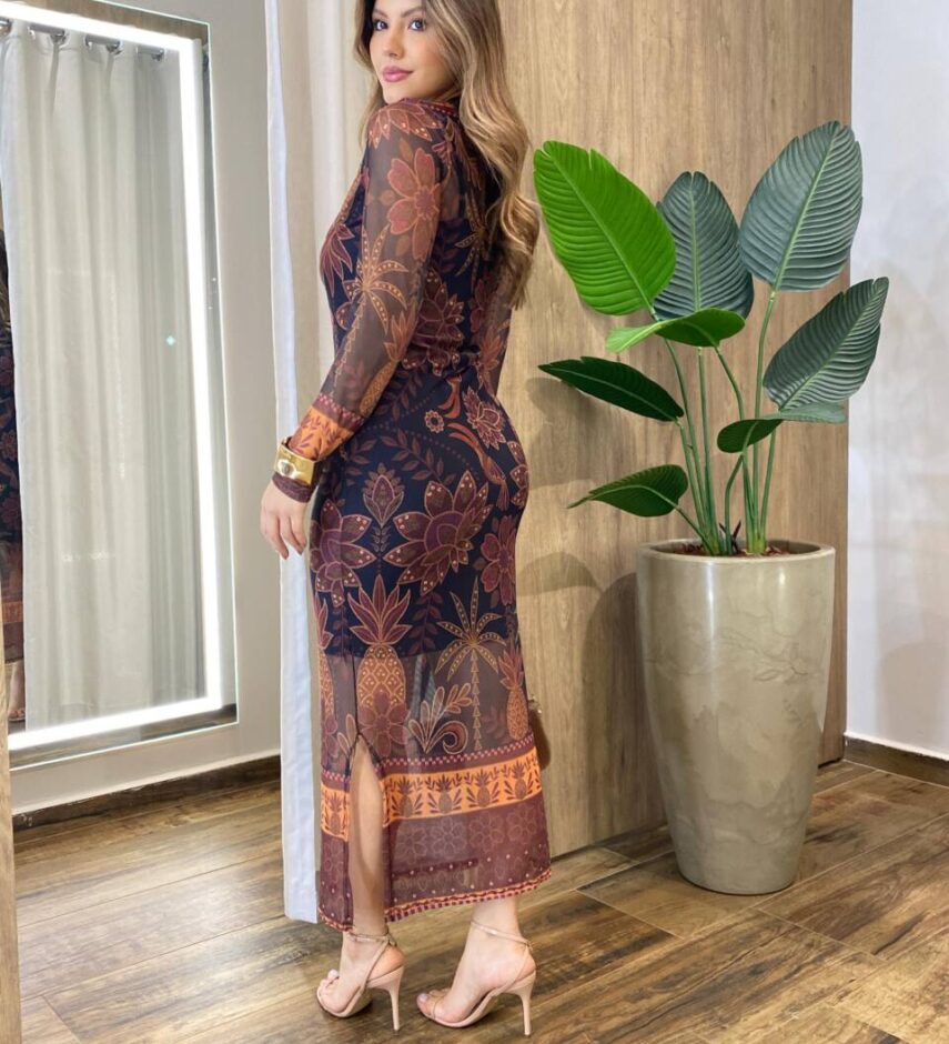 Vestido Midi Bruna de Tule sem Bojo Manga Longa Estampado Preto - Fernanda Ramos Store