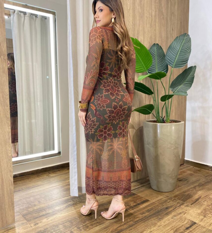 Vestido Midi Bruna de Tule sem Bojo Manga Longa Estampado Verde - Fernanda Ramos Store