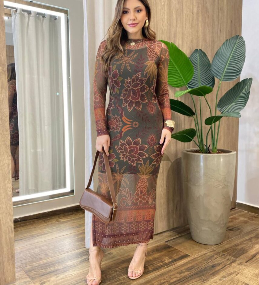 Vestido Midi Bruna de Tule sem Bojo Manga Longa Estampado Verde - Fernanda Ramos Store