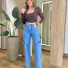 Blusa Feminina Carmela Manga Longa Canelada Recorte U Marrom - Fernanda Ramos Store