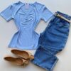 Blusa Feminina Elouise Manga Curta com Detalhes Azul Bebê - Fernanda Ramos Store