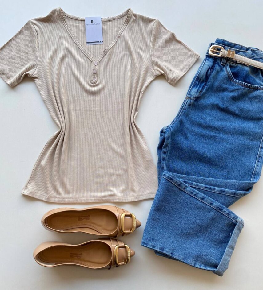 Blusa Feminina Elouise Manga Curta com Detalhes Nude - Fernanda Ramos Store