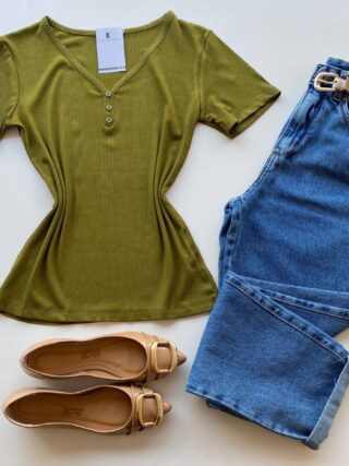 Blusa Feminina Elouise Manga Curta com Detalhes Verde - Fernanda Ramos Store
