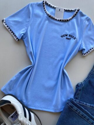 Blusa Feminina Manga Curta Canelada Zaya New York Azul Bebê - Fernanda Ramos Store