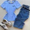 Blusa Feminina Manga Curta Canelada Zaya New York Azul Bebê - Fernanda Ramos Store