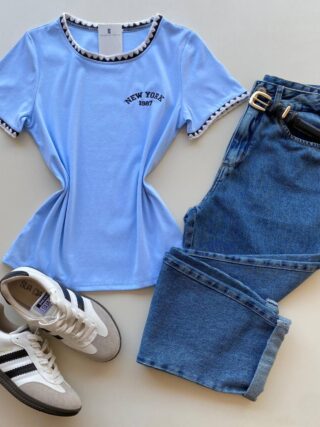 Blusa Feminina Manga Curta Canelada Zaya New York Azul Bebê - Fernanda Ramos Store