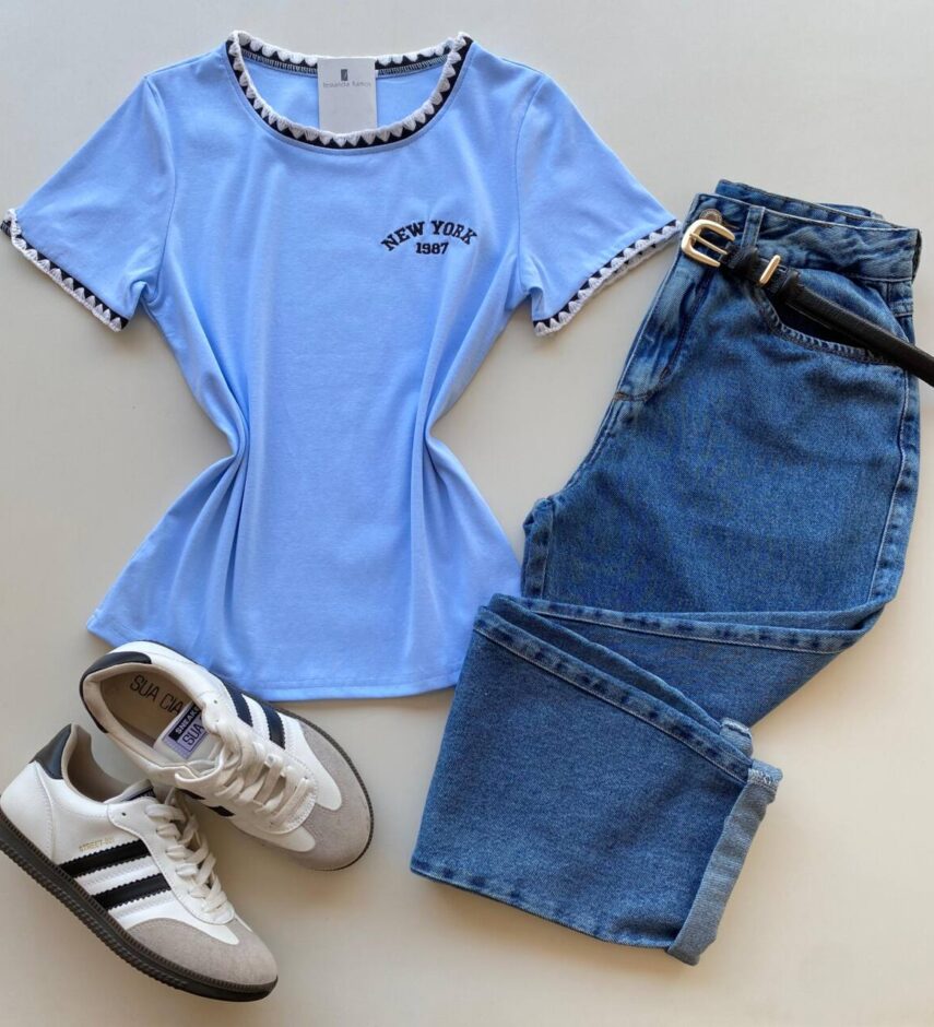 Blusa Feminina Manga Curta Canelada Zaya New York Azul Bebê - Fernanda Ramos Store