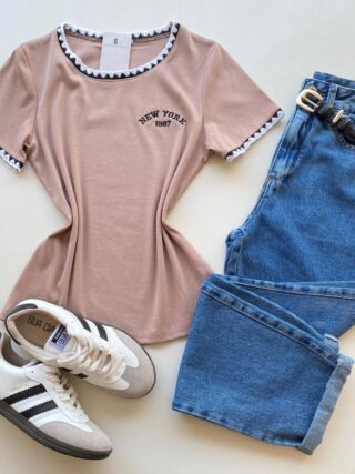 Blusa Feminina Manga Curta Canelada Zaya New York Cappucino - Fernanda Ramos Store