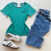 Blusa Feminina Manga Curta Canelada Zaya New York Verde Esmeralda - Fernanda Ramos Store