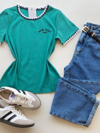 Blusa Feminina Manga Curta Canelada Zaya New York Verde Esmeralda - Fernanda Ramos Store