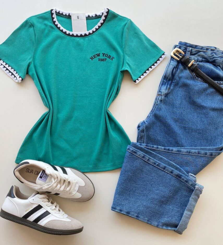 Blusa Feminina Manga Curta Canelada Zaya New York Verde Esmeralda - Fernanda Ramos Store