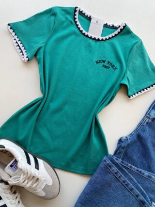 Blusa Feminina Manga Curta Canelada Zaya New York Verde Esmeralda - Fernanda Ramos Store