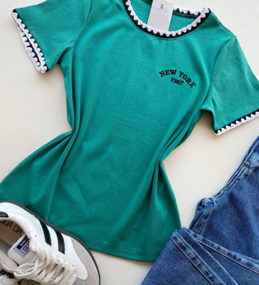 Blusa Feminina Manga Curta Canelada Zaya New York Verde Esmeralda - Fernanda Ramos Store
