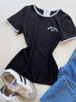 Blusa Feminina Manga Curta Canelada Zaya New York Preta - Fernanda Ramos Store