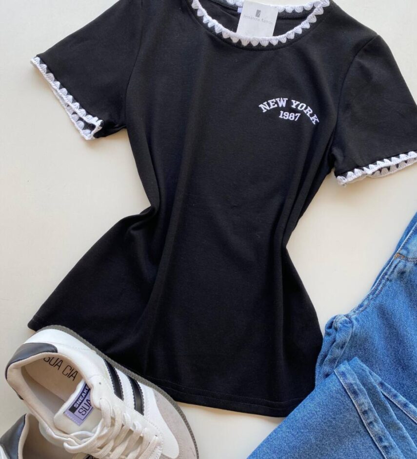 Blusa Feminina Manga Curta Canelada Zaya New York Preta - Fernanda Ramos Store