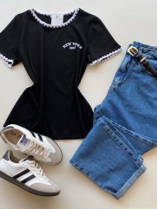 Blusa Feminina Manga Curta Canelada Zaya New York Preta - Fernanda Ramos Store